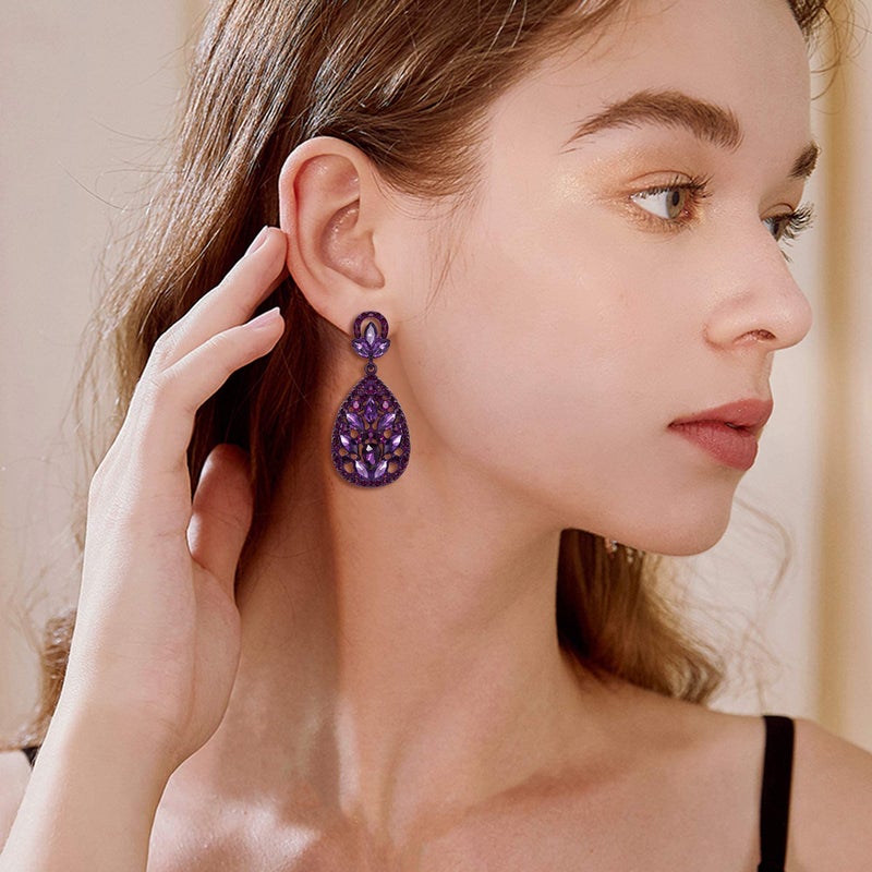 EleQueen Women's Wedding Bridal Austrian Crystal Bohemia Teardrop Chandelier Dangle Earrings Amethyst Color - Image 2